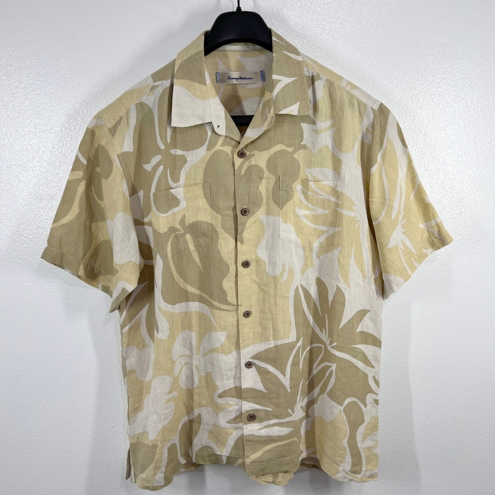 Tommy Bahama  100% Linen Camp Shirt Tropical Print‎ Button Up Short Sleeve Large